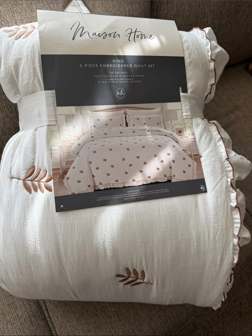Embroidered King Quilt Set in Cream with Brown Leaf Motif